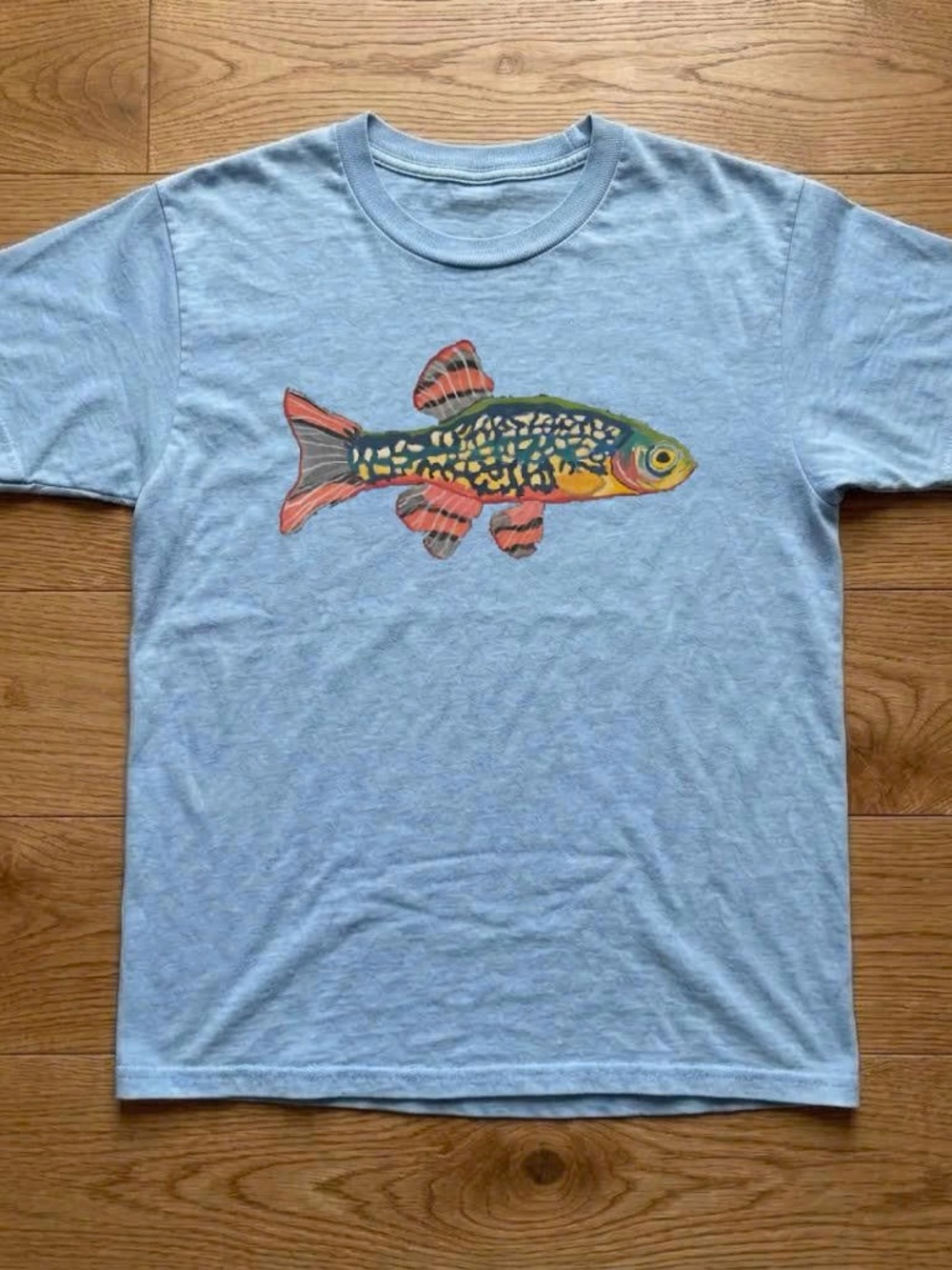 Gildan Light Blue Tee with Multicolor Fish Graphic